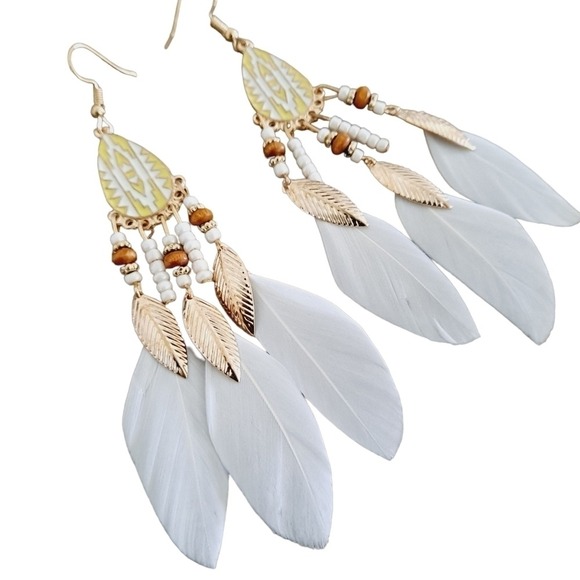 Gold & white Boho feather earrings beaded tassel long drop festival 💖2/$30 - Picture 7 of 11